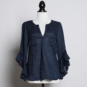 Boho Chic INC International Concepts Navy Blue Linen Ruffle Sleeve Blouse Small
